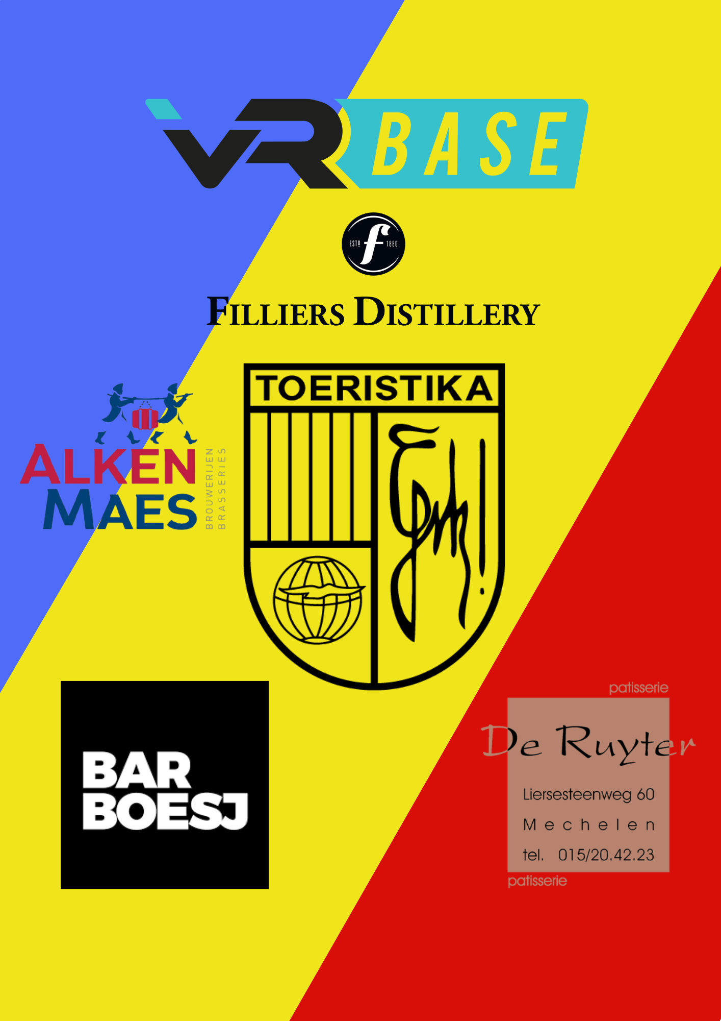 Logo's van onze sponsors rond het Toeristika-schild: VR Base, Filliers Distillery, Alken Maes, Barboesj en Patisserie De Ruyter